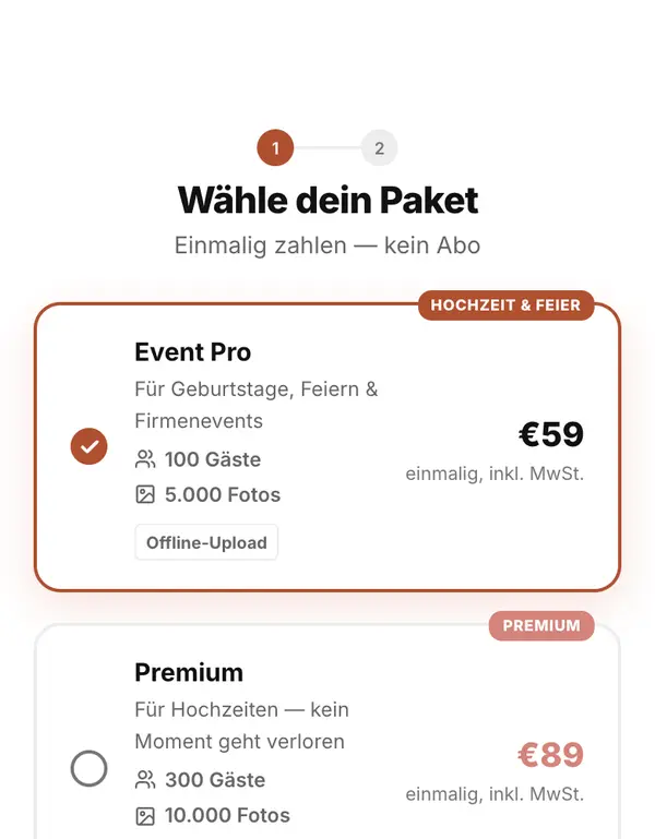 Paketauswahl beim Anlegen eines Events in snaplounge