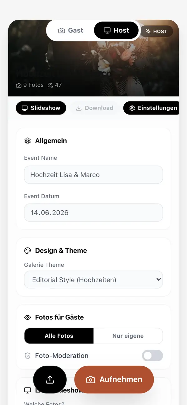 Event-Einstellungen mit Name, Datum, Theme und Sichtbarkeit der Fotos