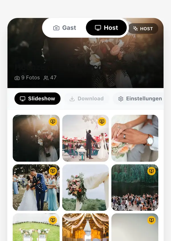 Galerie aus Sicht des Gastgebers mit Slideshow, Download und Einstellungen