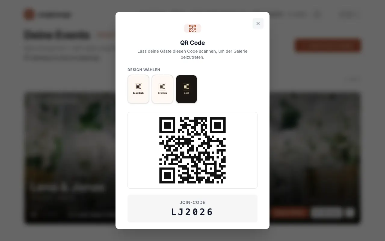 Bild aus der App: Unter „Design wählen“ suchst du dir eine Gestaltung aus. Mit „Als Bild herunterladen“ speicherst du den Code – zum Drucken, für Einladungen oder für die Leinwand.