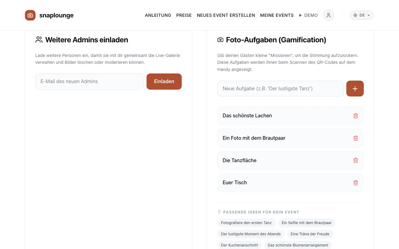 Bild aus der App: Öffne die Event-Verwaltung und scrolle zu „Foto-Aufgaben (Gamification)“.