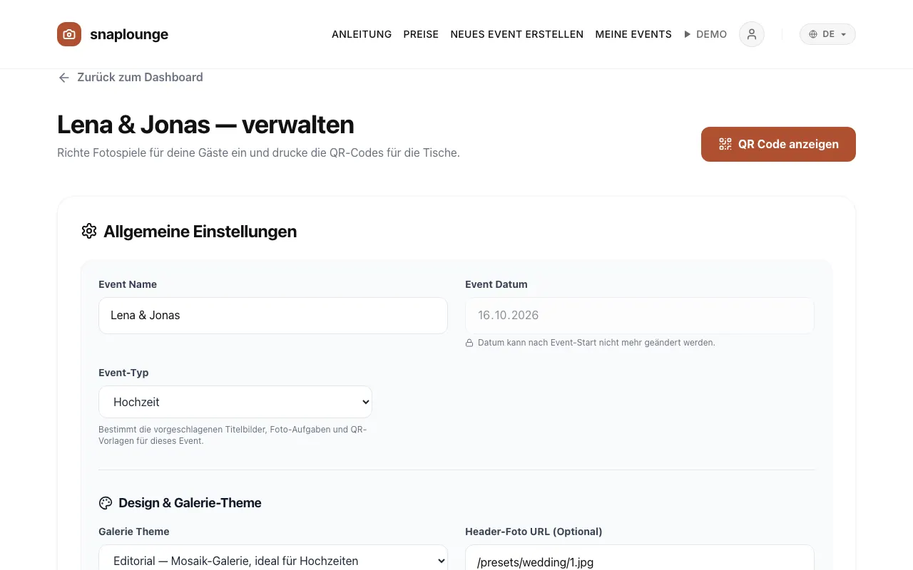 Bild aus der App: Unter „Allgemeine Einstellungen“ änderst du „Event Name“, „Event Datum“ und „Event-Typ“.