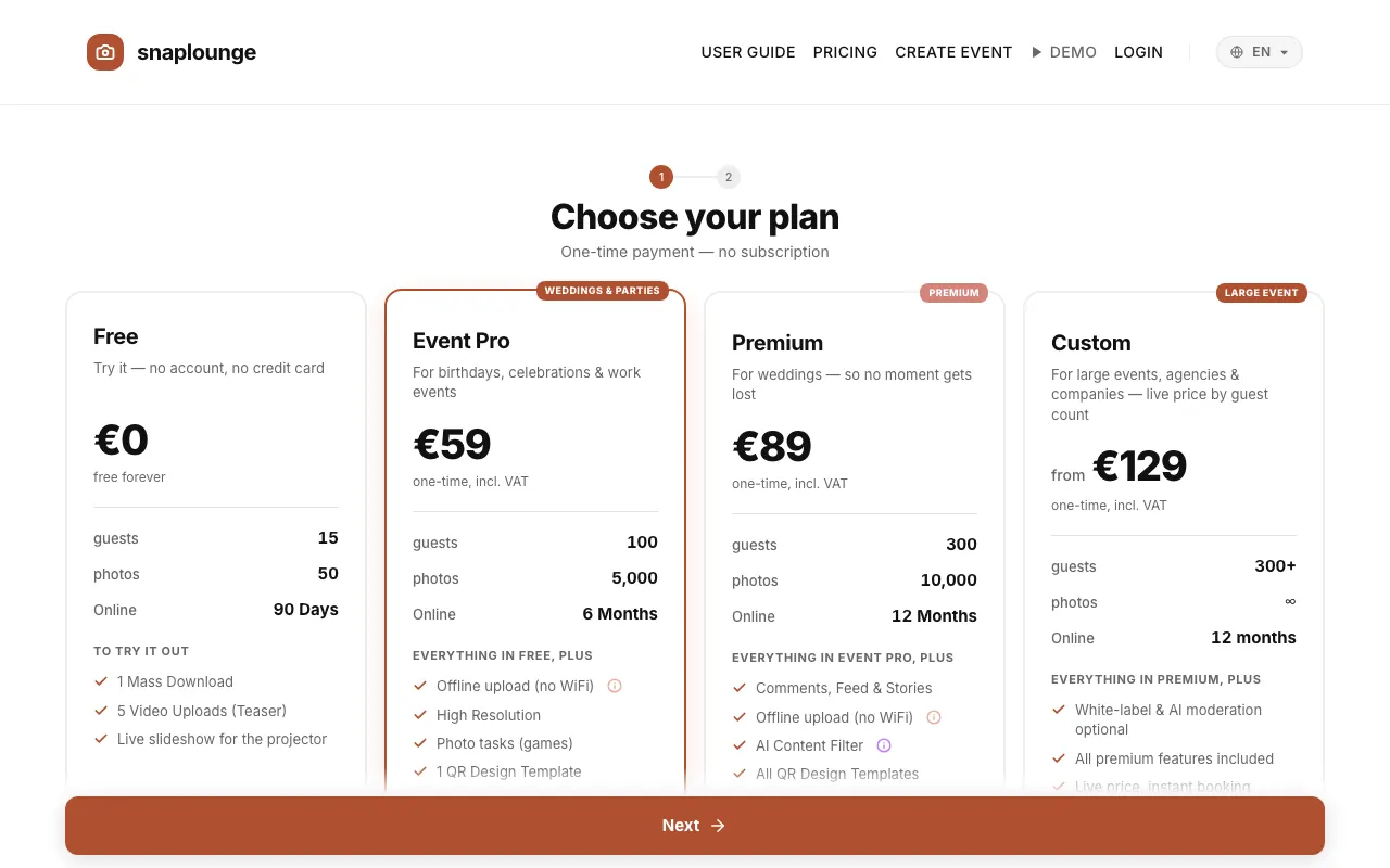 Image from the app: Open Create Event. Under “Choose your plan,” tap „Select“ on the plan you want, then tap „Next“.
