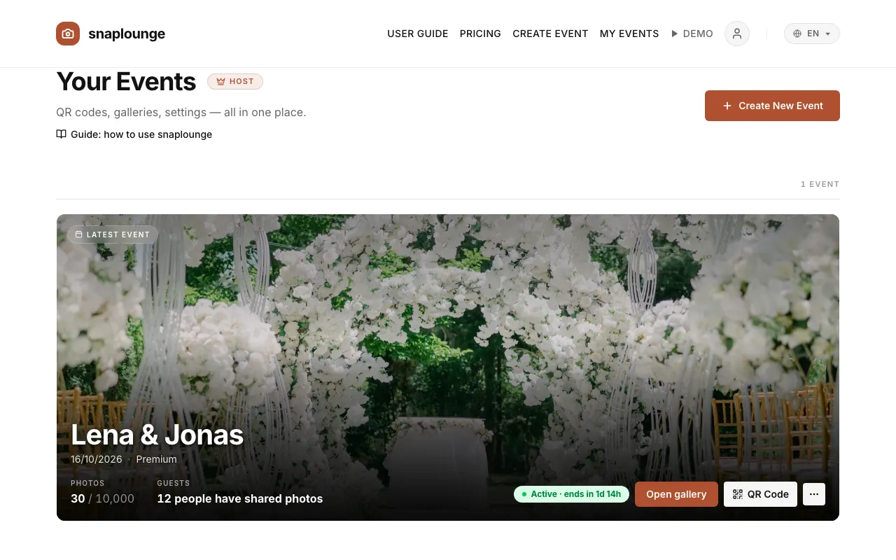 Image from the app: On the dashboard, your event shows how many people have shared photos so far.