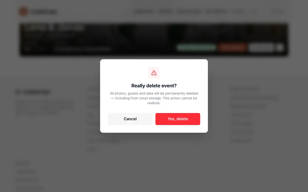Image from the app: Confirm with „Yes, delete“. Photos, guests, and data are deleted right away and permanently, from cloud storage as well.