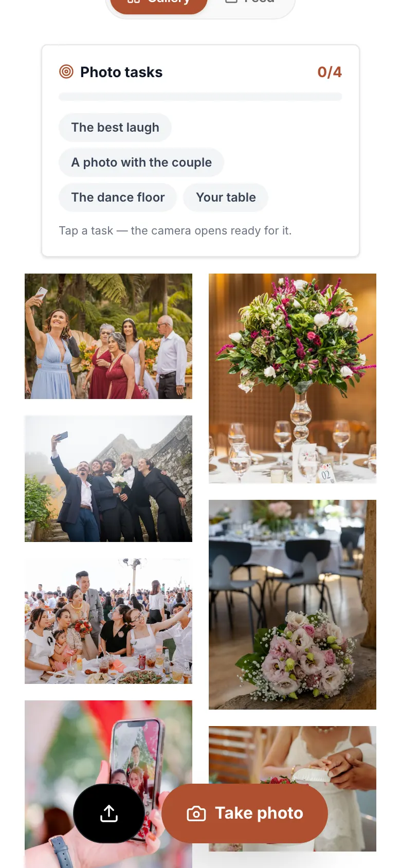Image from the app: Your guests see the tasks in the gallery and in the camera. A tap on a task opens the camera to match.
