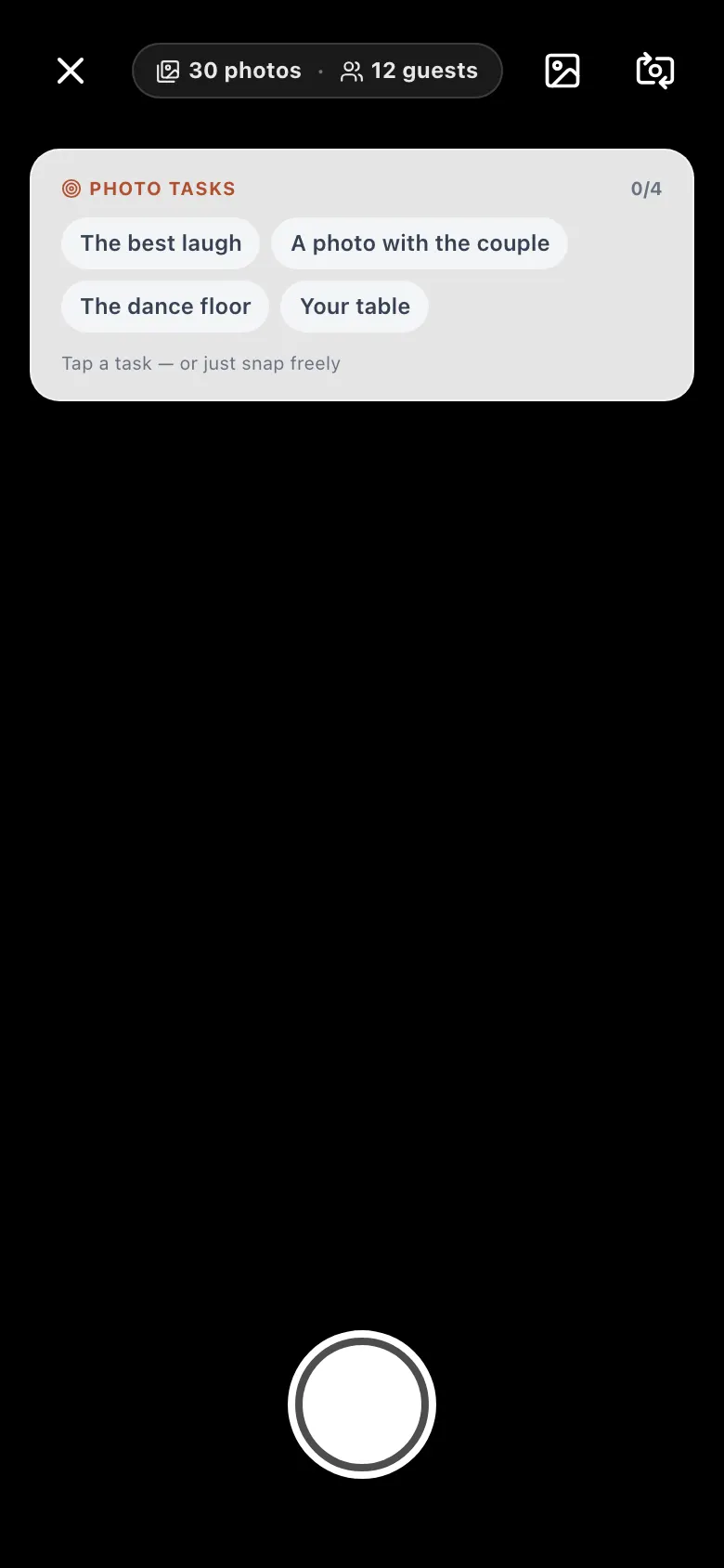 Image from the app: In the camera, you take photos or videos (up to 20 seconds). When there are photo tasks, simply tap one.