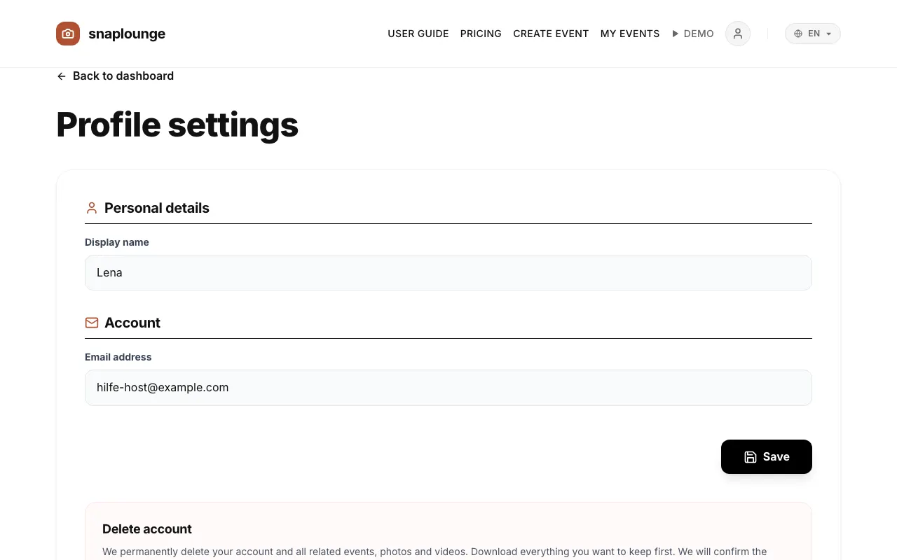 Image from the app: Tap the person icon at the top right, then „Profile Settings“.