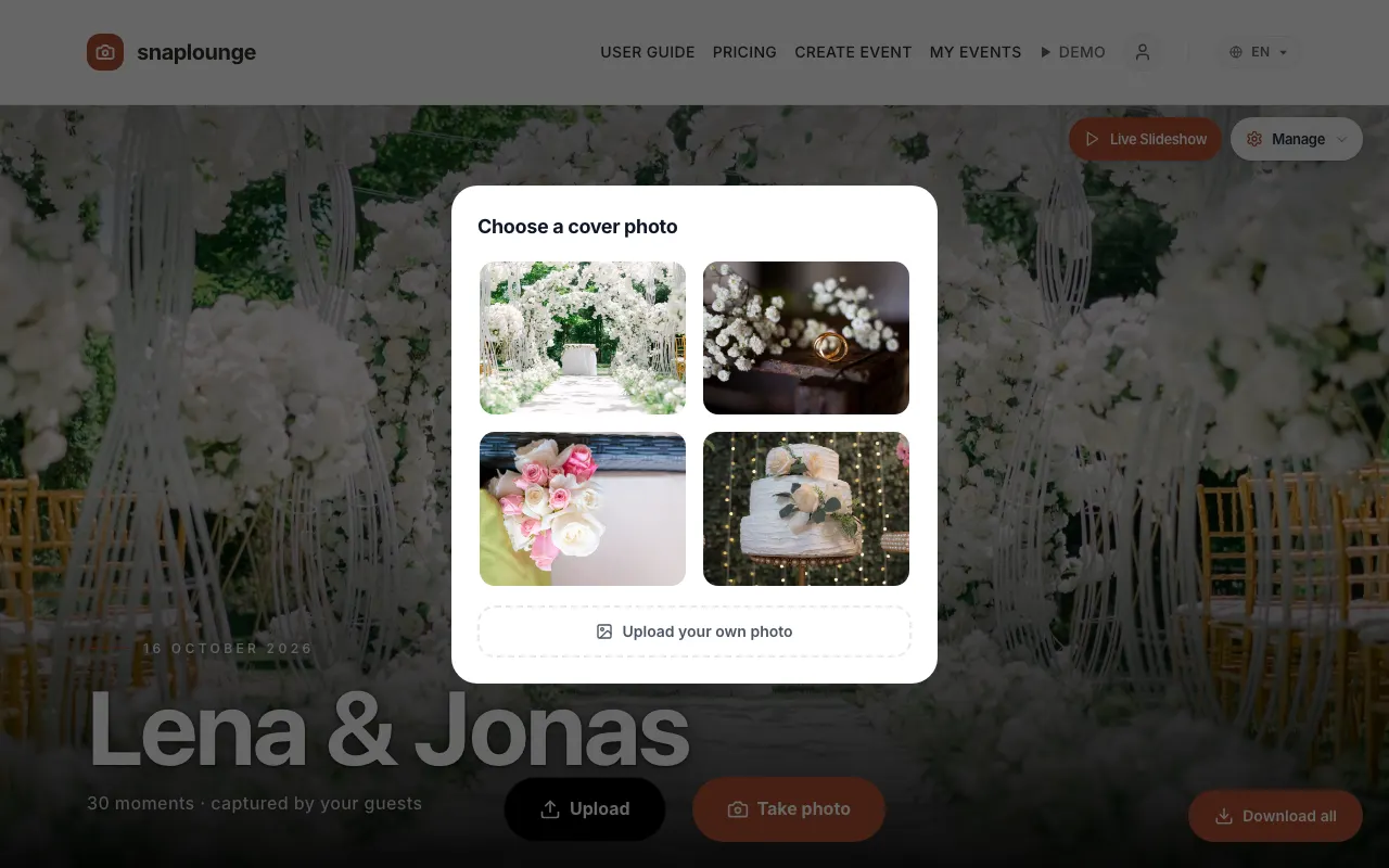 Image from the app: Choose „Change header image“. Tap a template – or tap „Upload your own photo“.