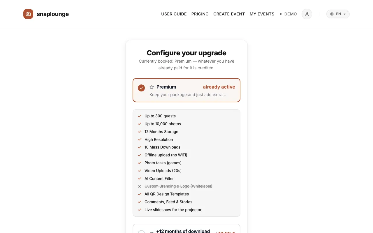 Image from the app: With a paid plan, “Configure your upgrade” opens: choose a plan and add extras if you like – “+12 months of download time” (€19.99) or “+200 guests & storage” (€14.99).