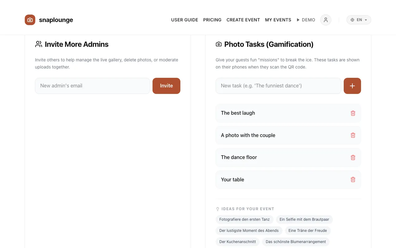 Image from the app: Open the event management page and scroll to “Invite More Admins.”