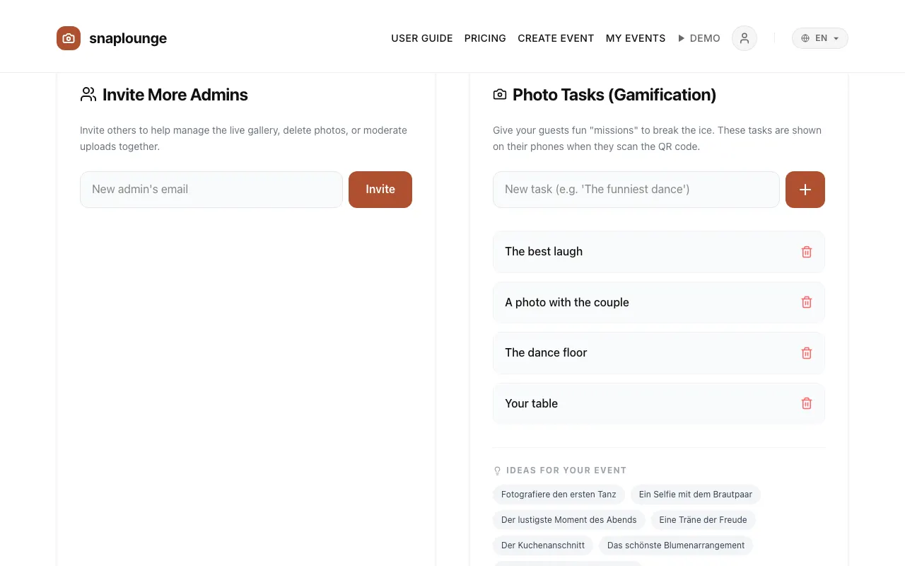 Image from the app: Open the event management page and scroll to “Photo Tasks (Gamification).”