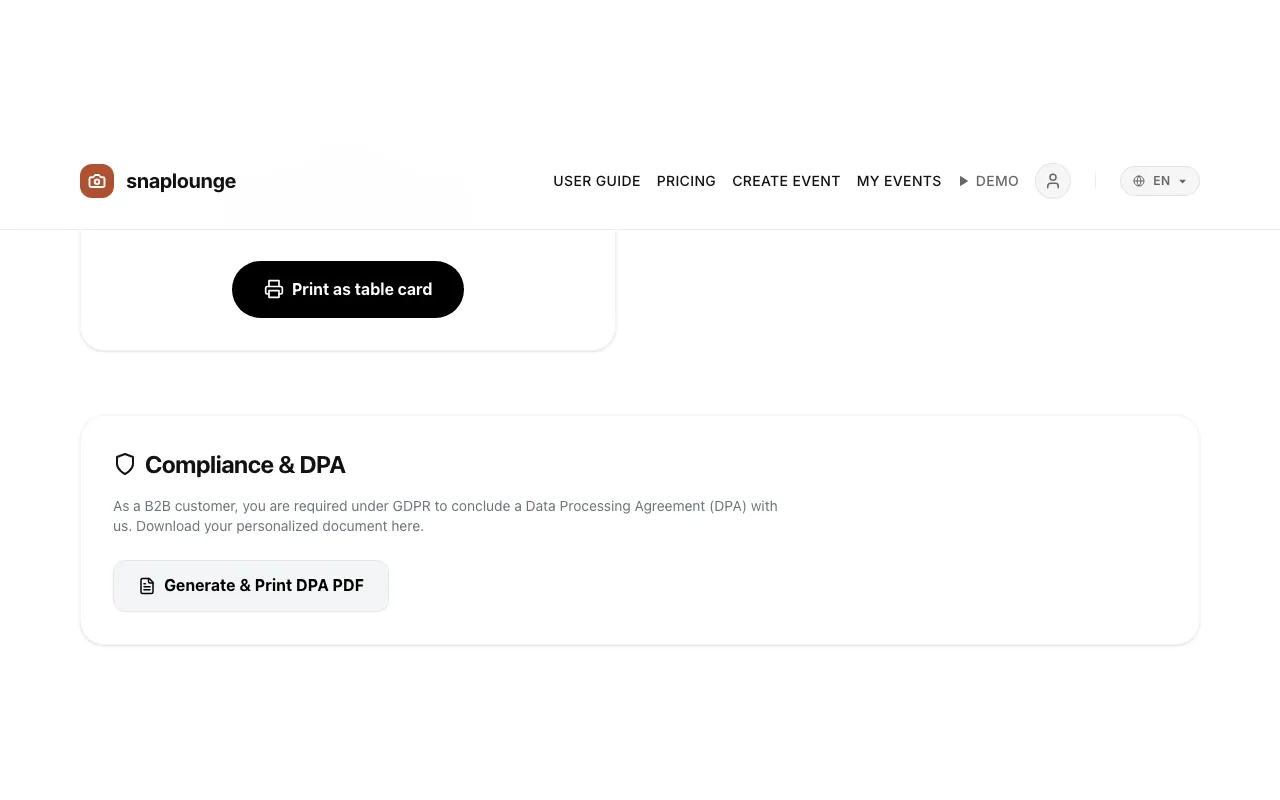 Image from the app: For the DPA, you open the event management page and scroll to “Compliance & DPA.”