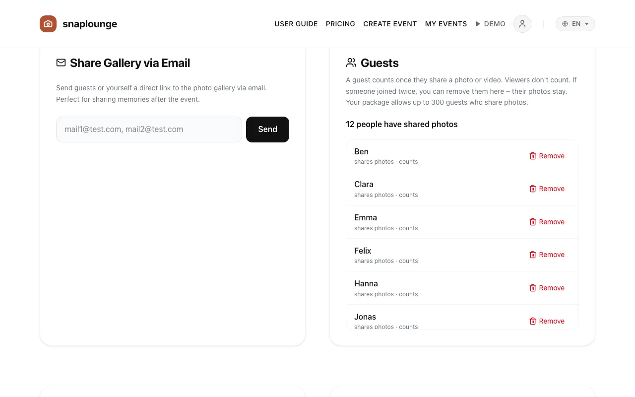 Image from the app: Open the event management page and scroll to “Share Gallery via Email.”
