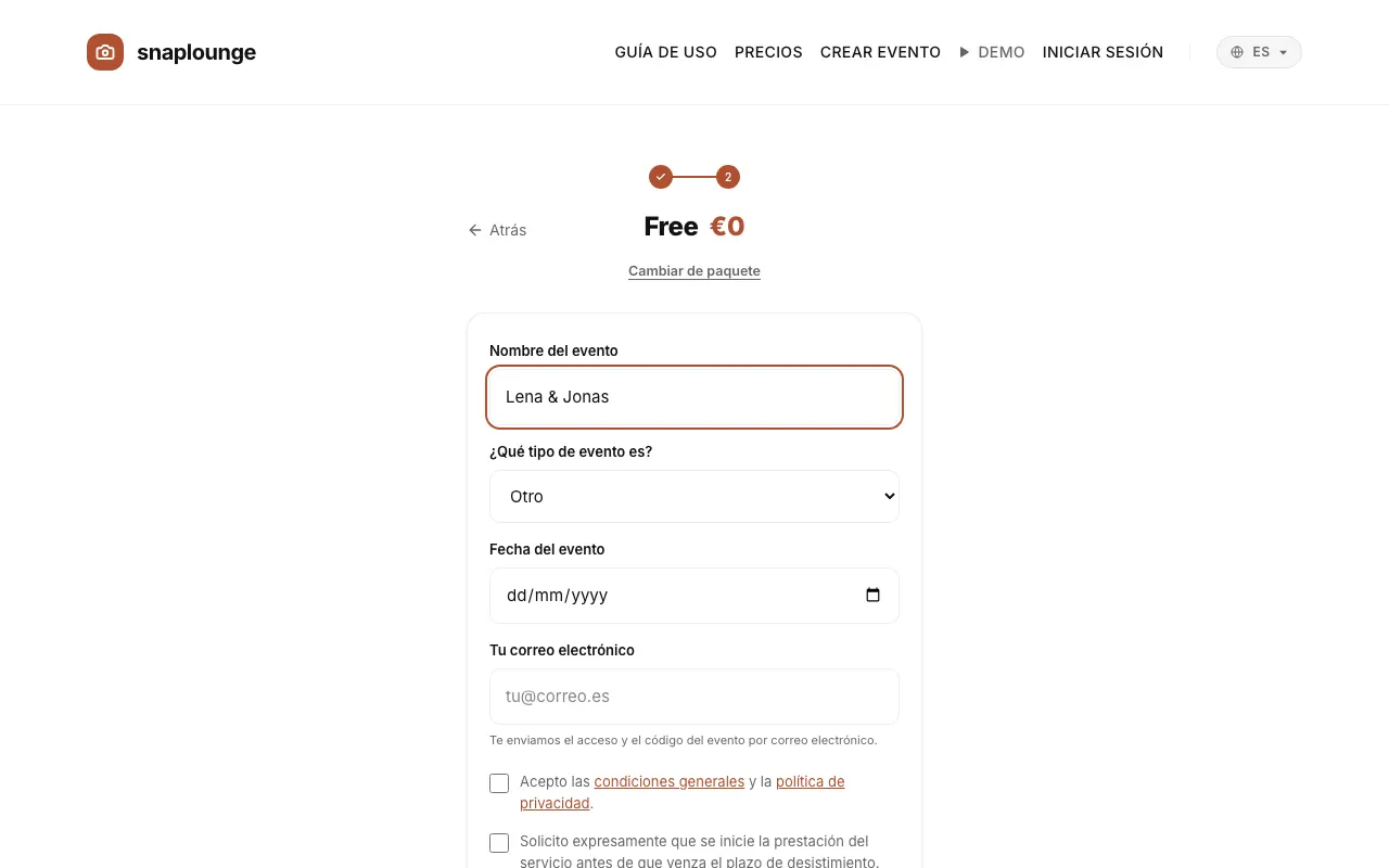 Imagen de la app: Escribe el „Nombre del evento“ y la „Fecha del evento“. En «¿Qué tipo de evento es?» eliges la ocasión: según ella te sugerimos imágenes de portada, retos fotográficos y diseños de QR.