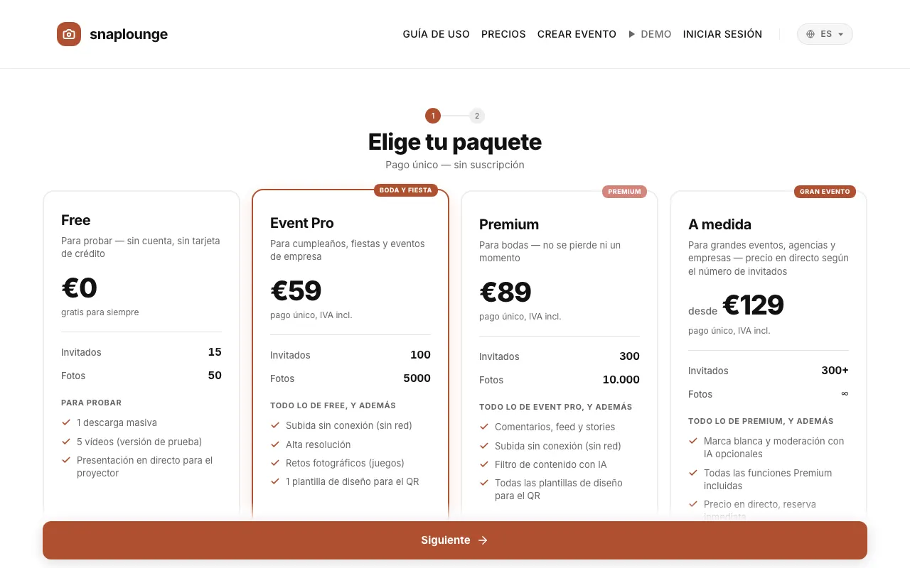 Imagen de la app: Crea tu evento: elige un paquete y escribe el nombre y la fecha. Lleva unos dos minutos. Crear un evento
