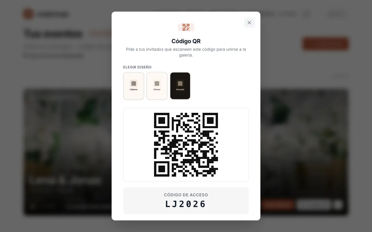 Imagen de la app: Coloca el código QR en las mesas o comparte el enlace. Tus invitados lo escanean con la cámara del móvil y hacen fotos directamente en el navegador. Imprimir el código QR