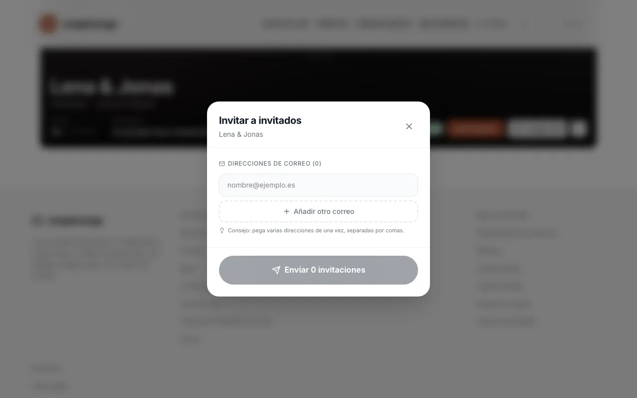 Imagen de la app: Escribe las direcciones. Con „Añadir otro correo“ se añade un campo; también puedes pegar varias direcciones separadas por comas.
