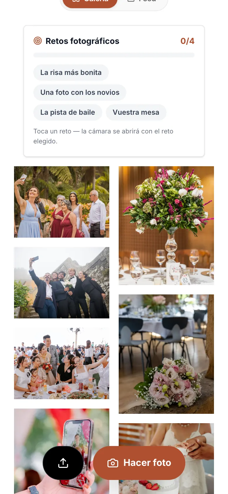 Imagen de la app: Tus invitados ven los retos en la galería y en la cámara. Al tocar un reto se abre la cámara adaptada a él.