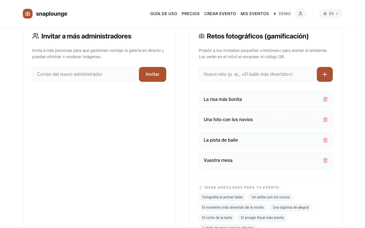 Imagen de la app: Abre la gestión del evento y baja hasta «Retos fotográficos (gamificación)».