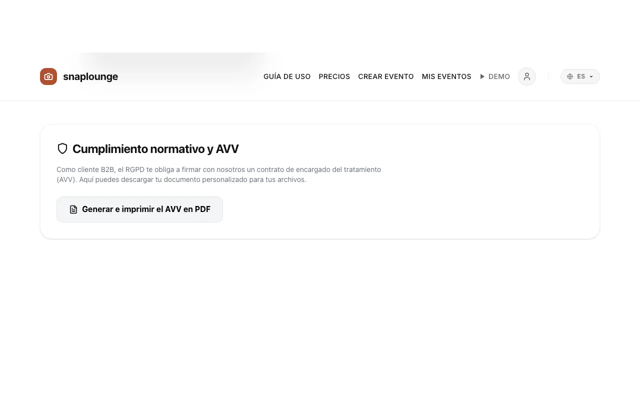 Imagen de la app: Para el contrato abre la gestión del evento y baja hasta «Cumplimiento normativo y contrato de tratamiento».