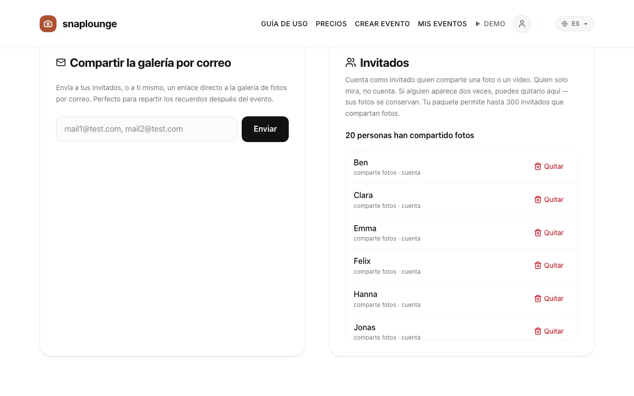 Imagen de la app: Abre la gestión del evento y baja hasta «Invitados».