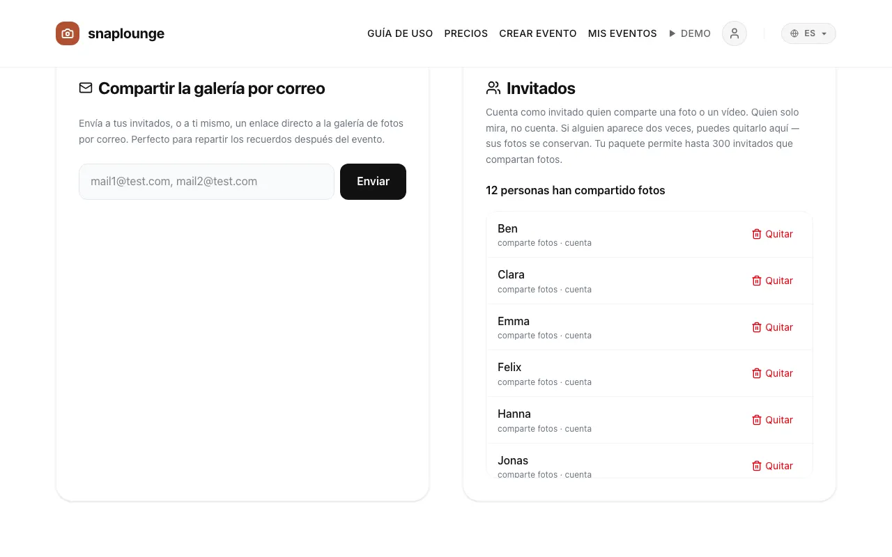 Imagen de la app: Abre la gestión del evento y baja hasta «Compartir la galería por correo».