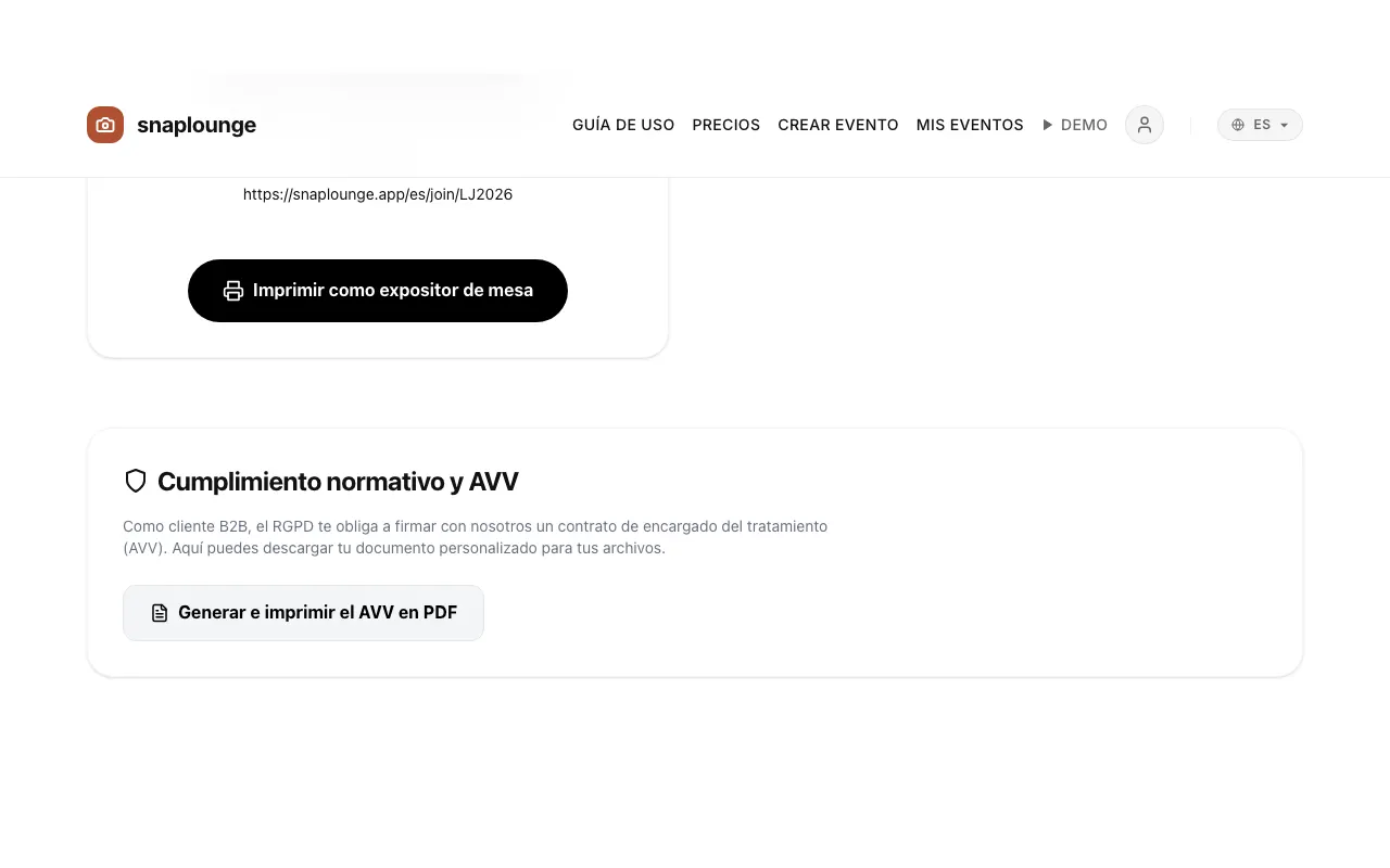 Imagen de la app: Para un expositor de mesa listo: abre la gestión del evento, baja hasta el final y toca „Imprimir como expositor de mesa“. Se imprimen el nombre del evento, el código QR y una frase corta para tus invitados.