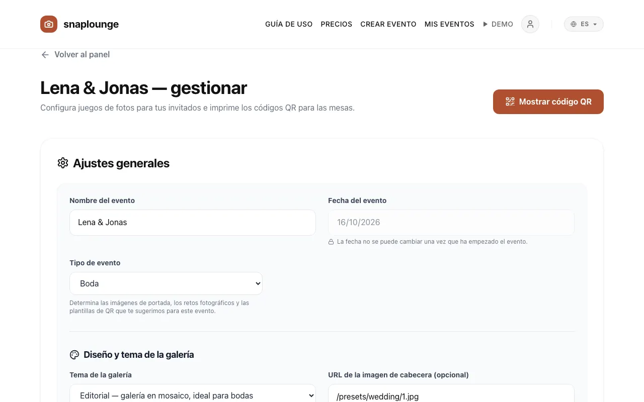 Imagen de la app: En «Ajustes generales» cambias el „Nombre del evento“, la „Fecha del evento“ y el „Tipo de evento“.