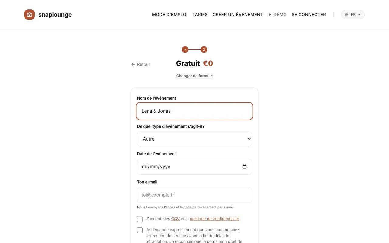 Image de l’app: Saisis „Nom de l’événement“ et „Date de l’événement“. Sous « De quel type d’événement s’agit-il ? », choisis l’occasion – les suggestions d’images de couverture, de défis photo et de designs de code QR s’y adaptent.
