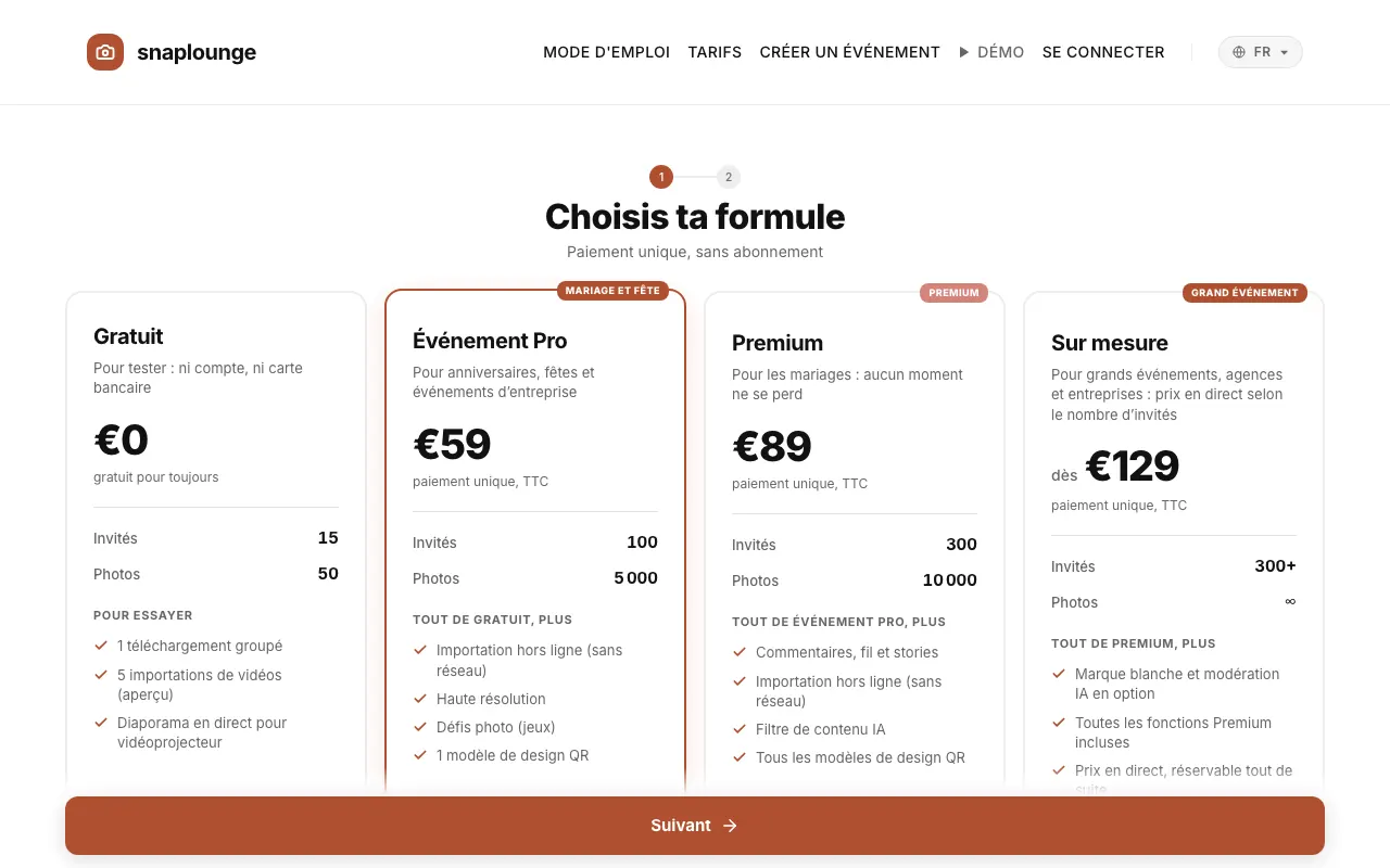 Image de l’app: Tu vois toutes les formules et tous les tarifs sur la page des tarifs et lors de la création d’un événement.