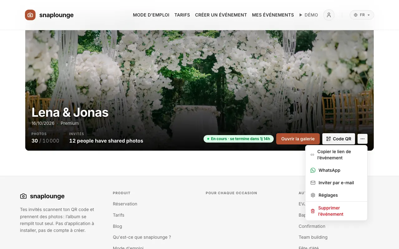 Image de l’app: Dans le tableau de bord, touche „…“ → „Inviter par e-mail“ sur ton événement.