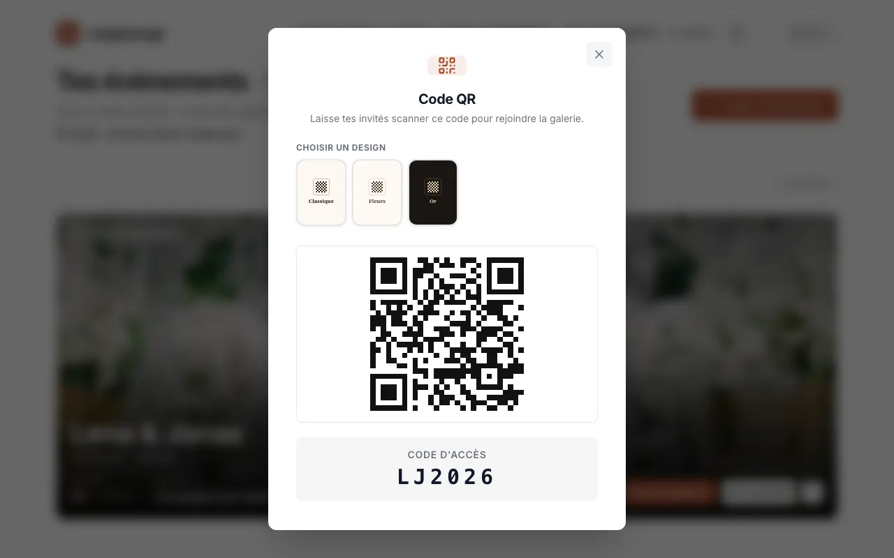Image de l’app: Pose le code QR sur les tables ou partage le lien. Tes invités le scannent avec l’appareil photo de leur téléphone et photographient directement dans le navigateur. Imprimer le code QR