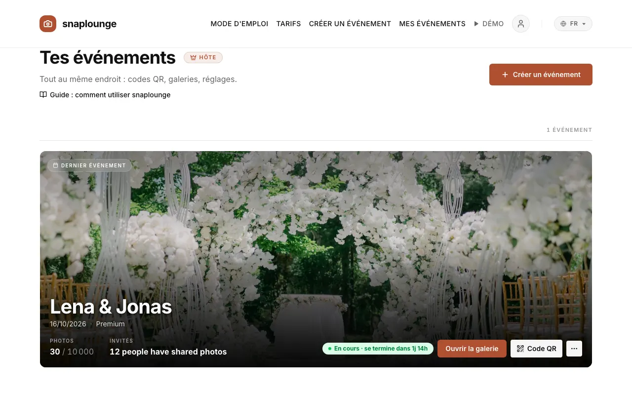 Image de l’app: Ensuite, tu retrouves ton événement dans le tableau de bord. De là, tu accèdes à la galerie, au code QR et à tous les réglages.