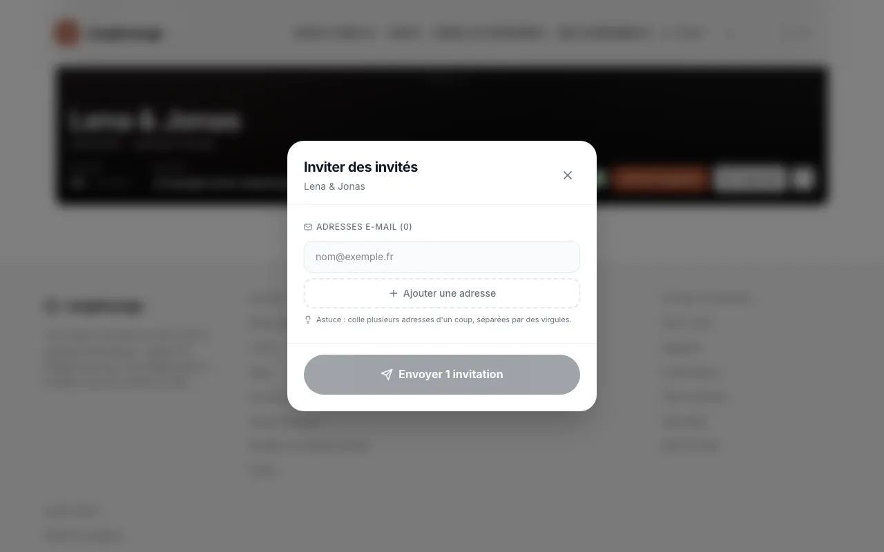 Image de l’app: Saisis les adresses. Avec „Ajouter une adresse“, un champ s’ajoute ; tu peux aussi coller plusieurs adresses séparées par une virgule.