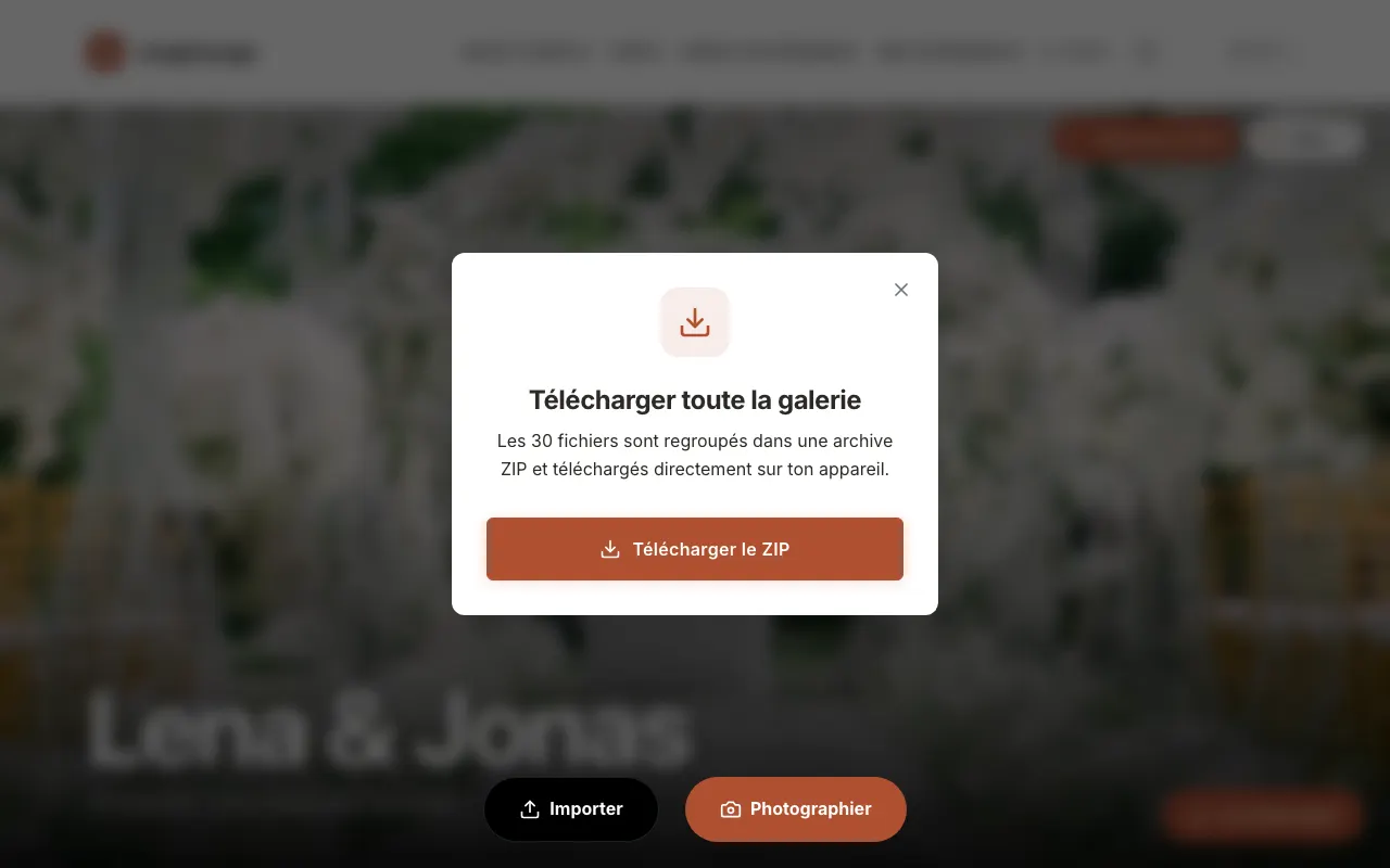 Image de l’app: Dans la fenêtre « Télécharger toute la galerie », touche „Télécharger le ZIP“. Le fichier arrive dans ton dossier de téléchargements.