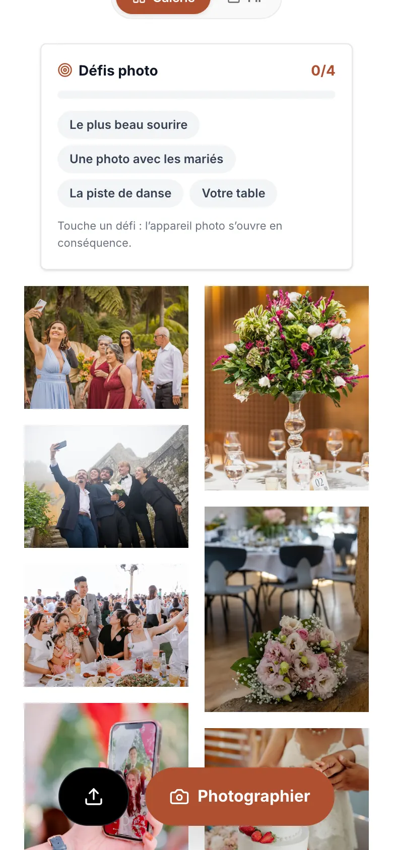 Image de l’app: Tes invités voient les défis dans la galerie et dans l’appareil photo. Un tap sur un défi ouvre l’appareil photo correspondant.