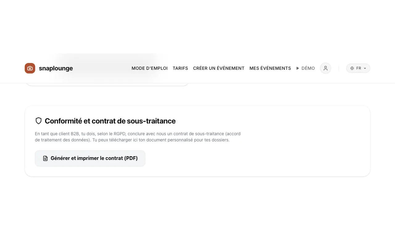Image de l’app: Pour le contrat de sous-traitance, ouvre la gestion de l’événement et fais défiler jusqu’à « Conformité et contrat de sous-traitance ».