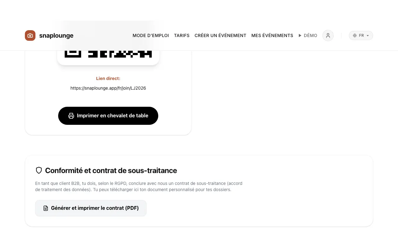Image de l’app: Pour un chevalet de table prêt à l’emploi : ouvre la gestion de l’événement, fais défiler vers le bas et touche „Imprimer en chevalet de table“. Sont imprimés le nom de l’événement, le code QR et une courte phrase pour tes invités.