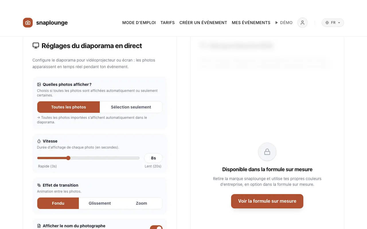 Image de l’app: Tu règles tout dans la gestion de l’événement, sous « Réglages du diaporama en direct » : quelles photos défilent, la vitesse (3 à 20 secondes), la transition, le nom du photographe et le code QR affiché.