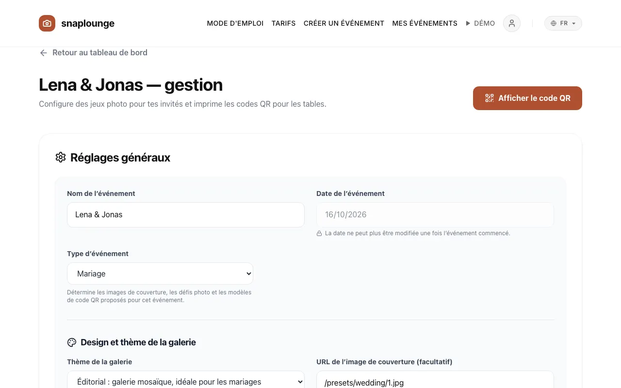 Image de l’app: Sous « Réglages généraux », tu modifies „Nom de l’événement“, „Date de l’événement“ et „Type d’événement“.