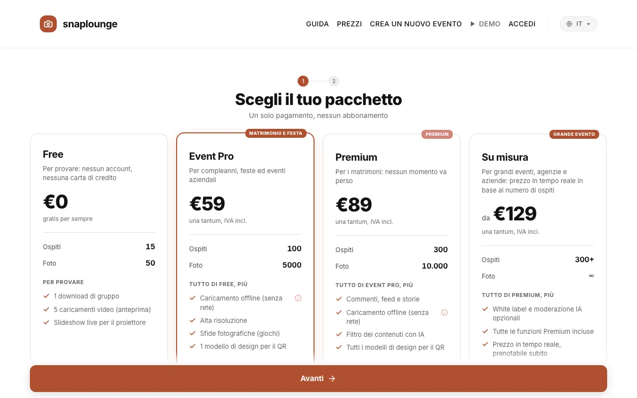 Immagine dall'app: Trovi tutti i pacchetti e i prezzi nella Pagina dei prezzi e quando crei un evento.