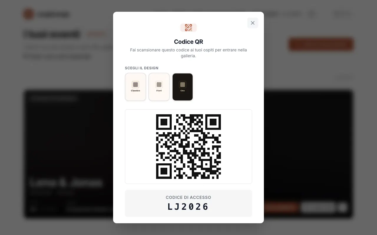 Immagine dall'app: Metti il codice QR sui tavoli oppure condividi il link. I tuoi ospiti lo inquadrano con la fotocamera del telefono e scattano direttamente nel browser. Stampare il codice QR