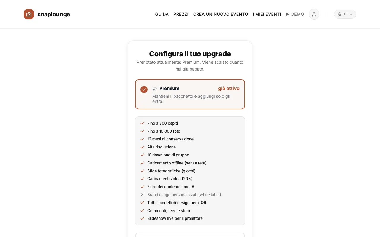Immagine dall'app: Con un pacchetto a pagamento si apre «Configura il tuo upgrade»: scegli il pacchetto e, se vuoi, aggiungi extra: «+12 mesi di tempo per il download» (19,99 €) oppure «+200 ospiti e spazio» (14,99 €).