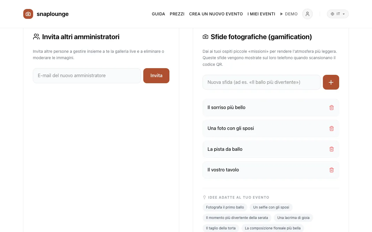 Immagine dall'app: Apri la gestione dell'evento e scorri fino a «Sfide fotografiche (gamification)».
