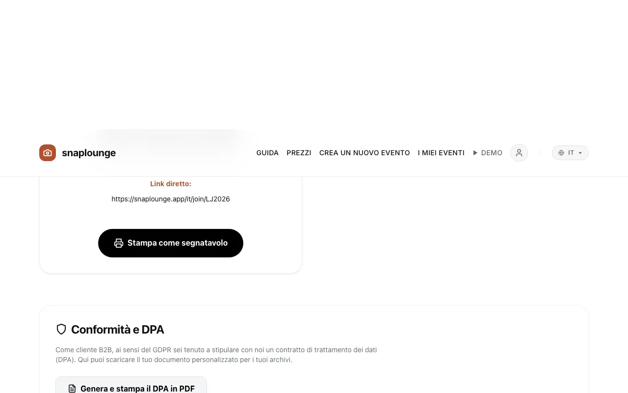 Immagine dall'app: Per il DPA apri la gestione dell'evento e scorri fino a «Conformità e DPA».
