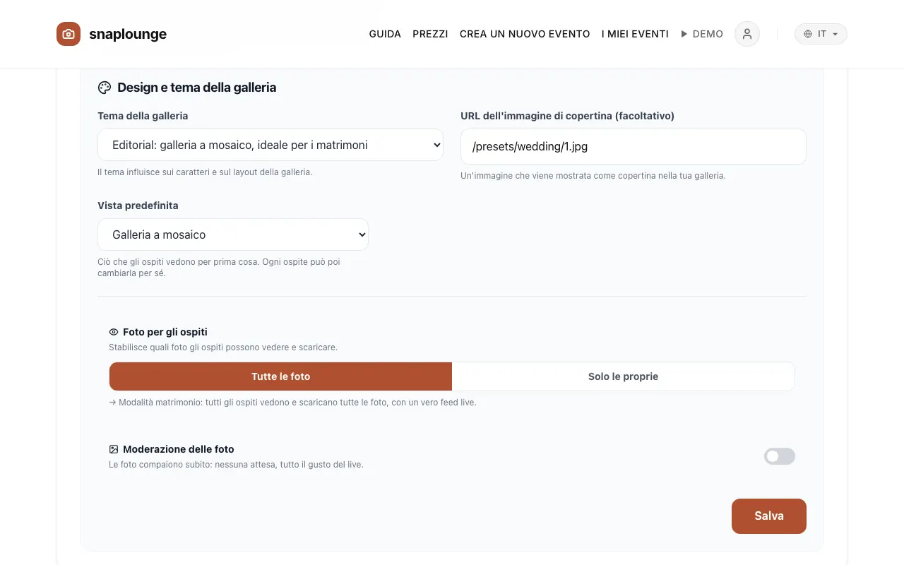Immagine dall'app: Apri la gestione dell'evento (dashboard → „…“ → „Impostazioni“) e scorri fino a «Design e tema della galleria».
