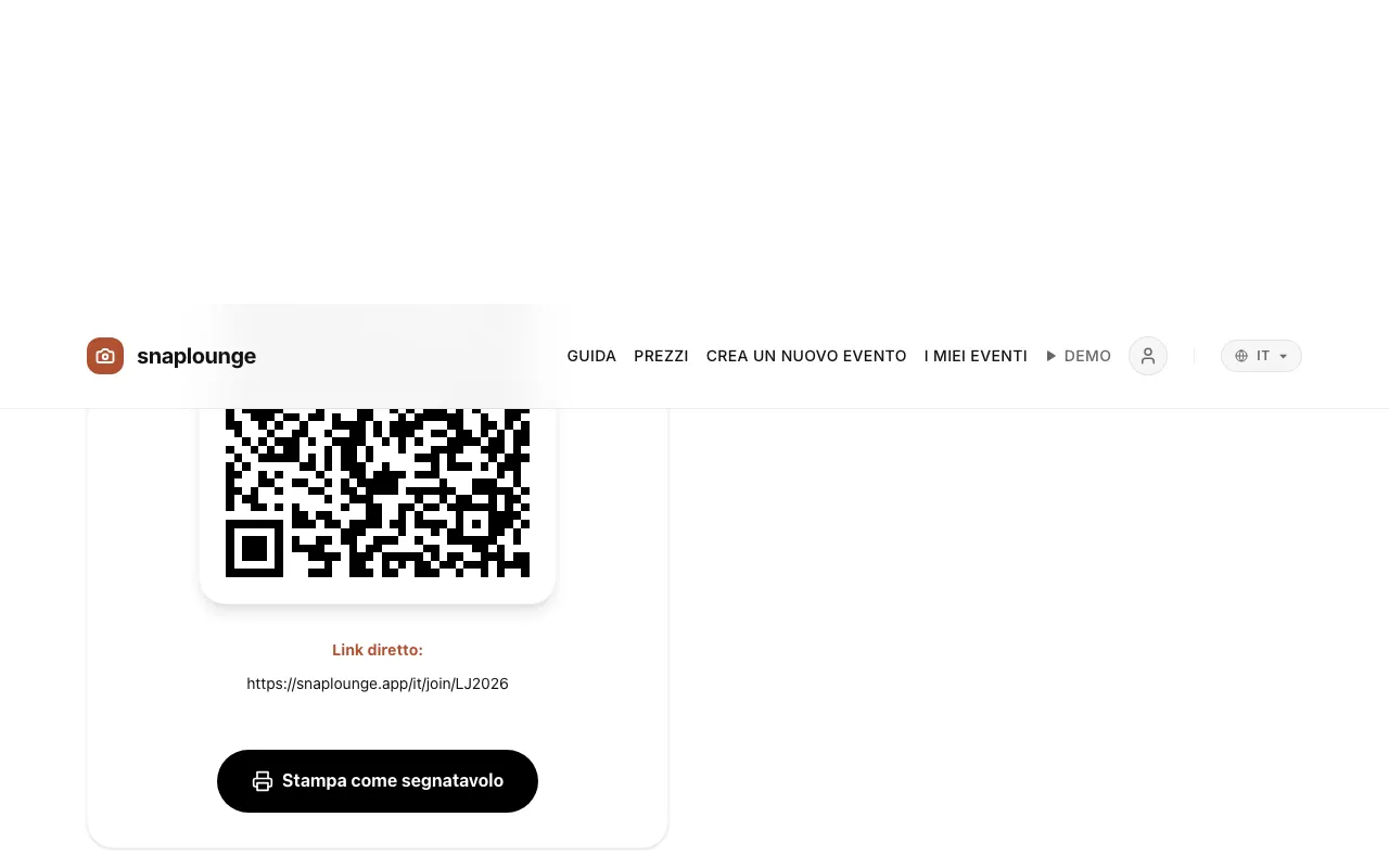 Immagine dall'app: Per un segnatavolo pronto: apri la gestione dell'evento, scorri in basso e tocca „Stampa come segnatavolo“. Vengono stampati il nome dell'evento, il codice QR e una breve frase per i tuoi ospiti.