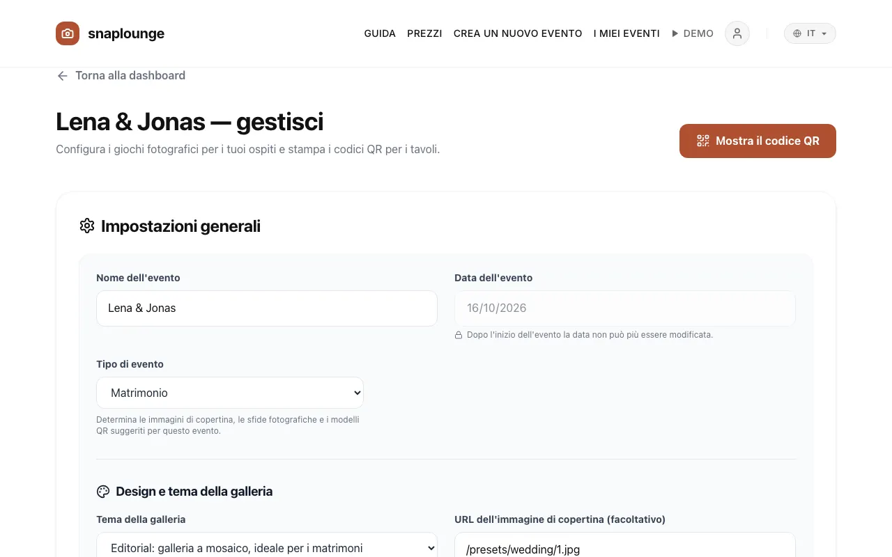 Immagine dall'app: Sotto «Impostazioni generali» modifichi „Nome dell'evento“, „Data dell'evento“ e „Tipo di evento“.