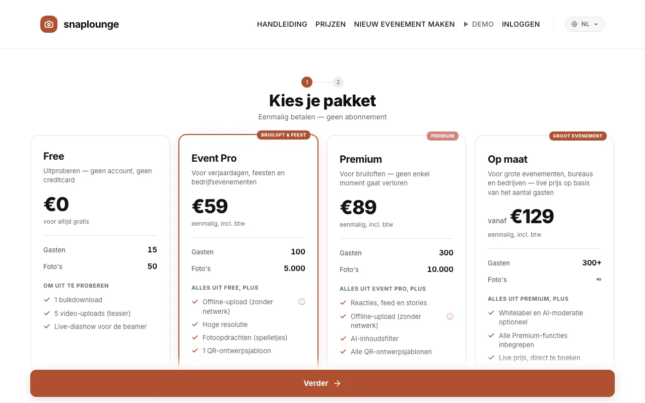 Beeld uit de app: Alle pakketten en prijzen zie je op de prijzenpagina en bij het aanmaken van een evenement.